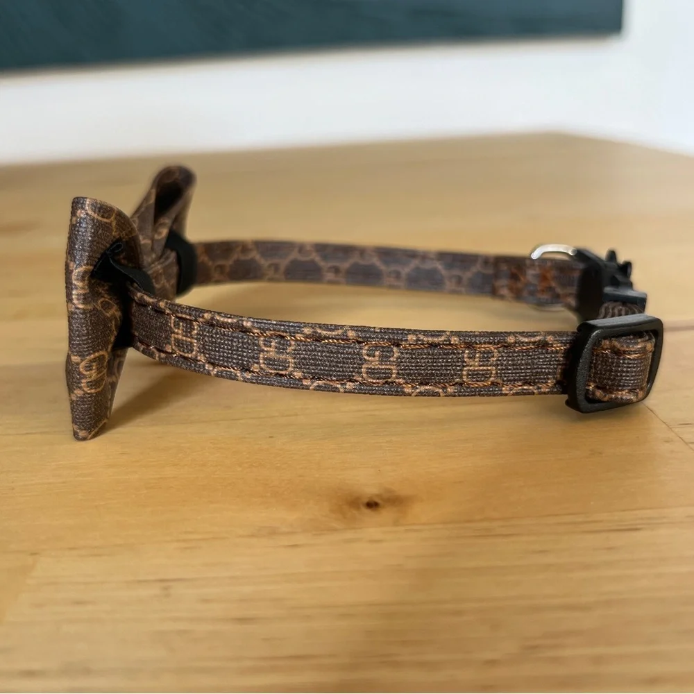 Cat Collar Lux Vegan Leather Bow Necklace Pet Brown Tan Bowtie